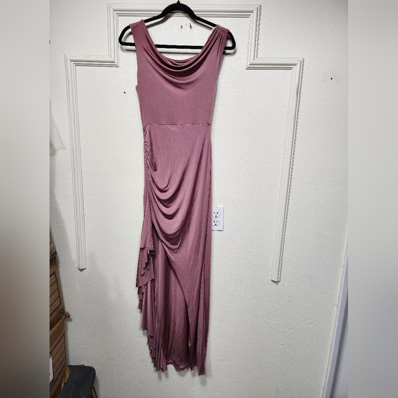 Lulus Sleek Presence Mauve Slinky Knit Cowl Neck Ruffled Maxi Dress S Wedding - Picture 6 of 10